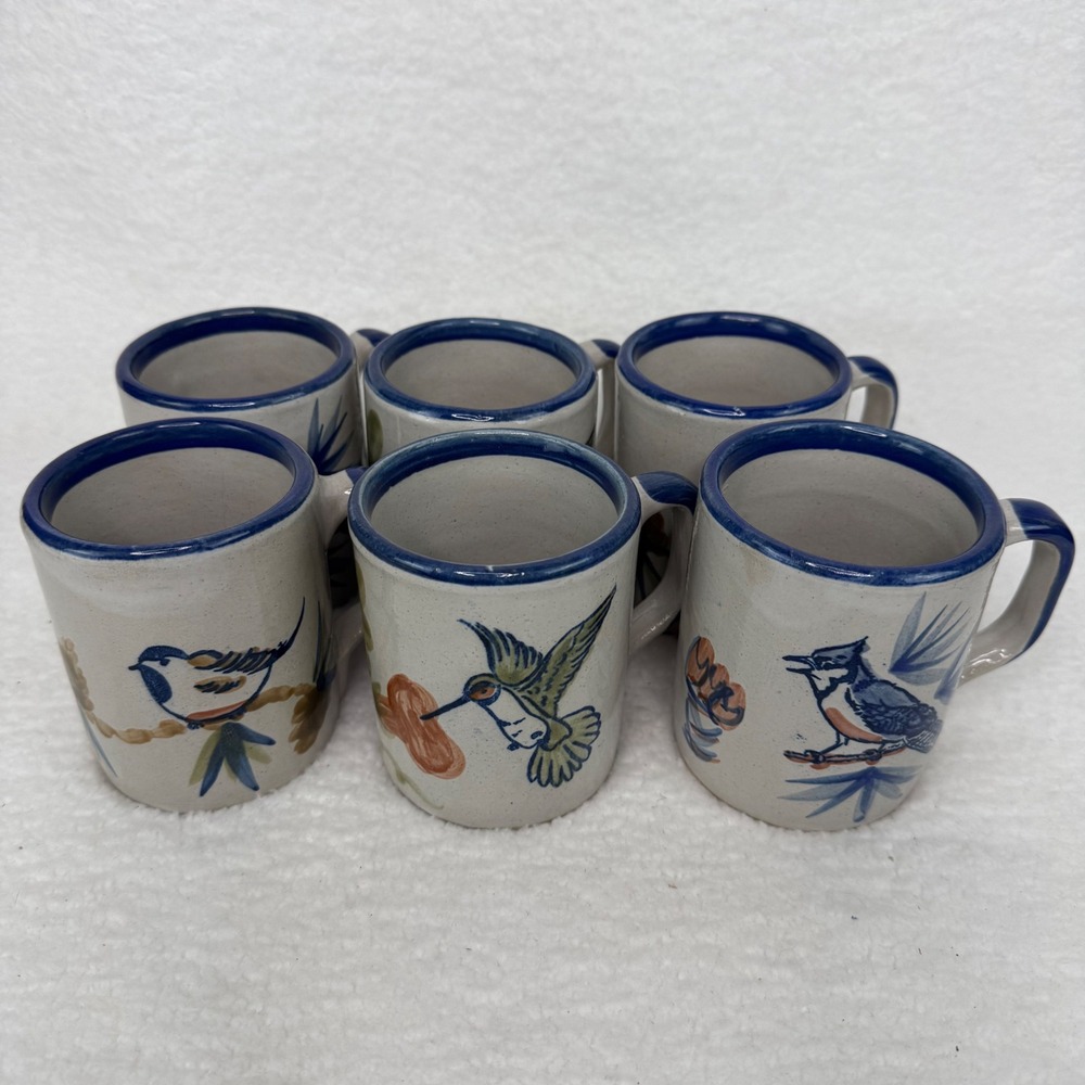 Louisville Stoneware Bird Mug Set 6 Blue Jay Hummingbird Hand Painted Kentucky